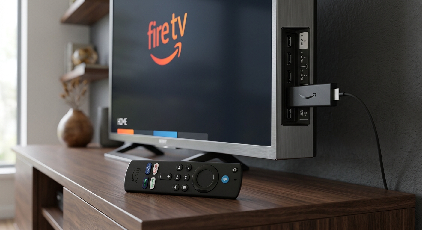 Amazon Firestick plugged into the HDMI port of a modern TV with a remote control in the foreground