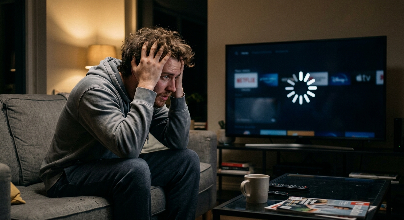 Frustrated person looking at a TV screen showing a buffering spinner symbol