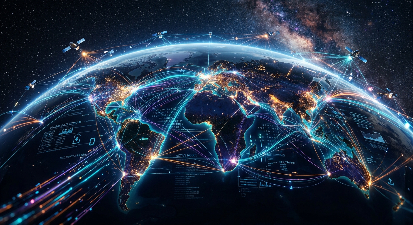 Futuristic technology concept image showing streaming data flowing across a global network