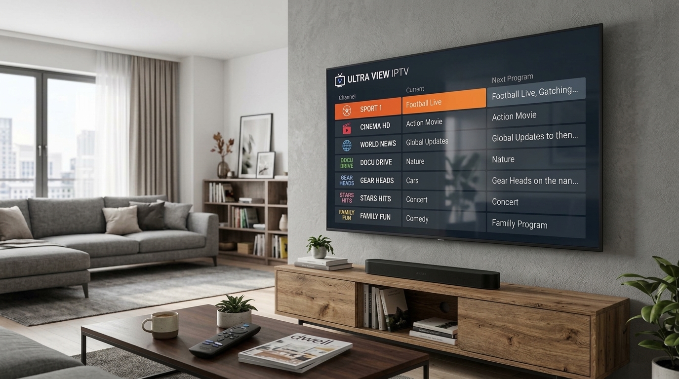 Amazon Firestick connected to a TV showing IPTV channel list