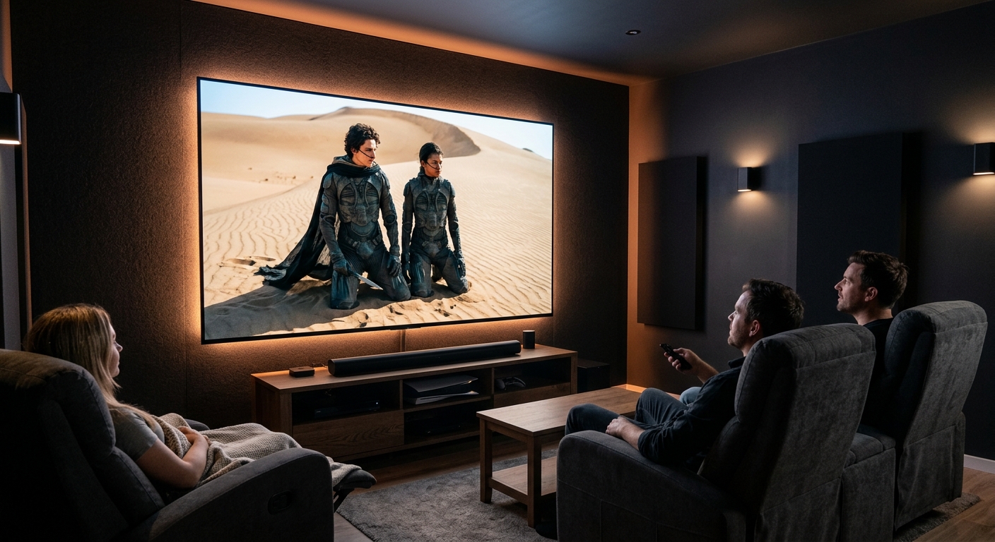 Home cinema setup with large screen TV showing crystal-clear 4K streaming content