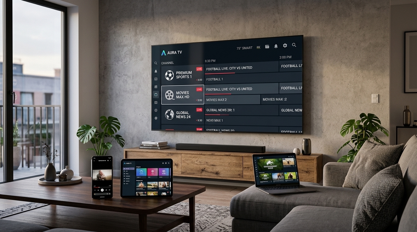 Multiple devices showing IPTV streaming content