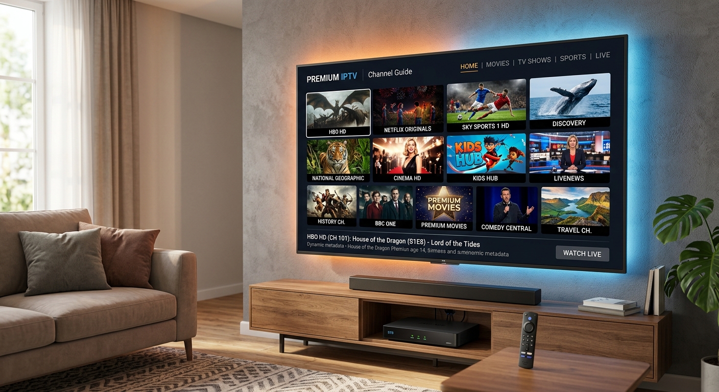Living room TV displaying a premium IPTV channel guide with vibrant content thumbnails
